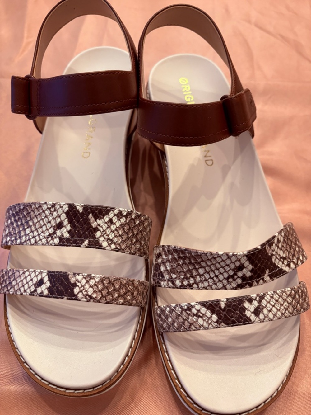 Cole Haan Brown Snake-Print Double Strap Sandal with White Footbed